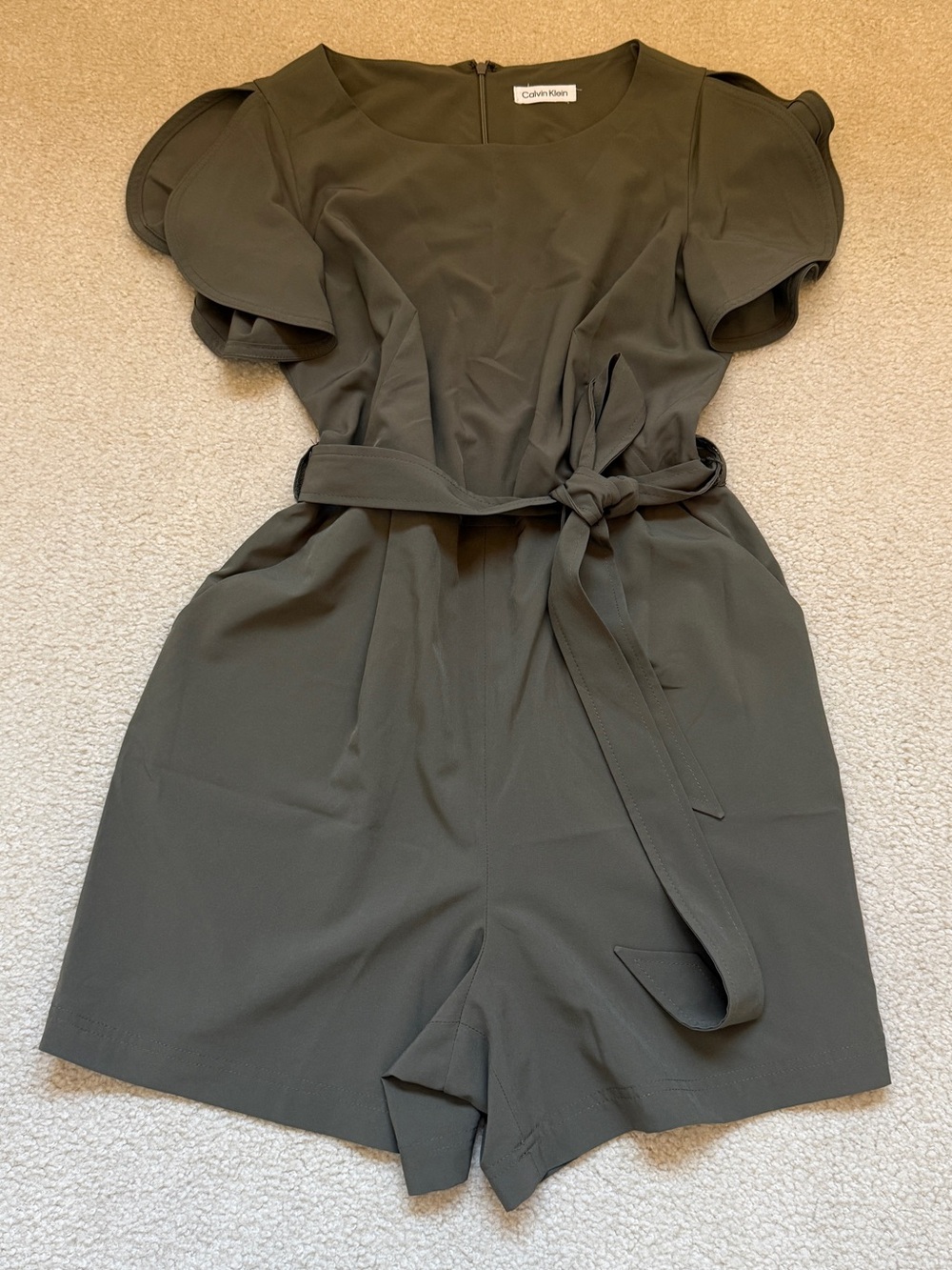 Calvin Klein Olive Belted Flutter-Sleeve Romper